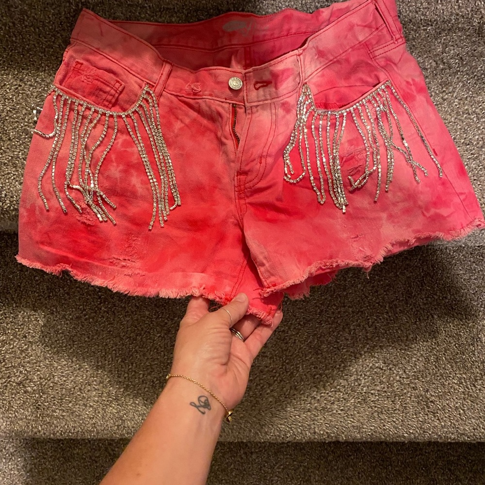 pink distressed denim rhinestone shorts 10 or L